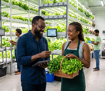 Farmers discussing fresh produce