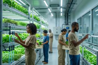 Professionals discussing farm produce