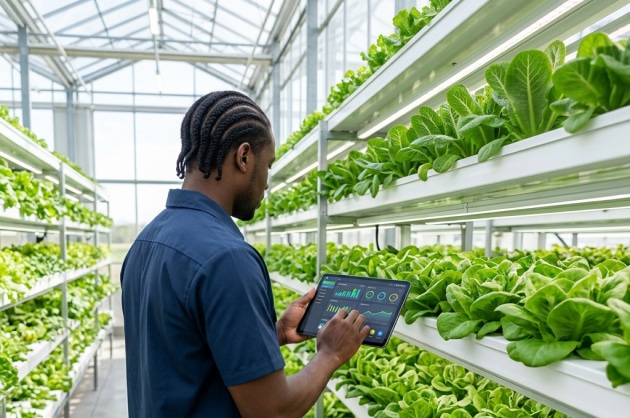 Worker inspecting hydroponic crops