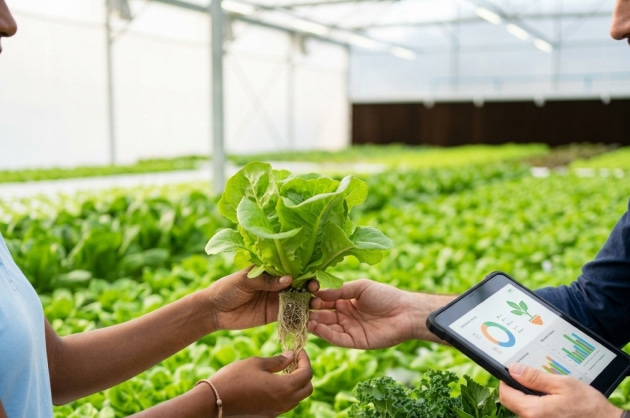 Farmers inspecting hydroponic lettuce